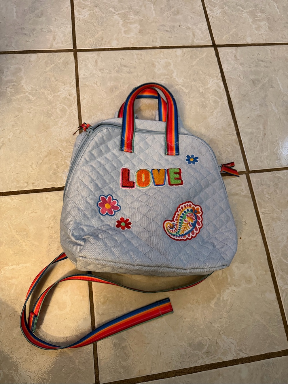 Vera Bradley Quilted Light Blue Backpack with Rainbow Straps and 'LOVE' Patches